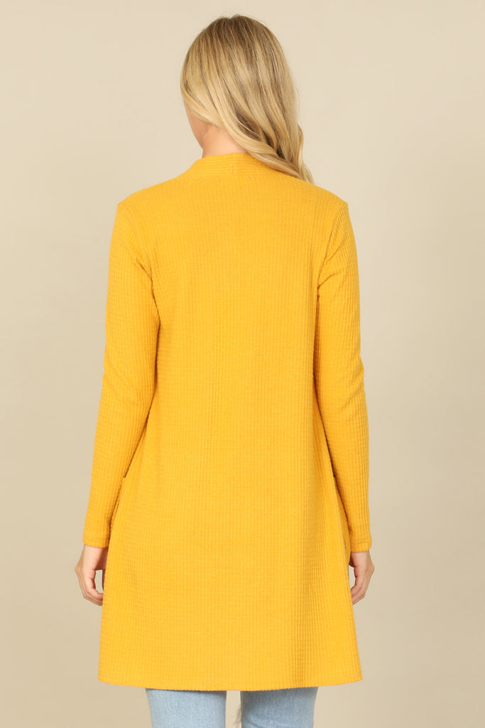 BRUSHED WAFFLE LONG SLEEVE SIDE POCKET OPEN FRONT CARDIGAN