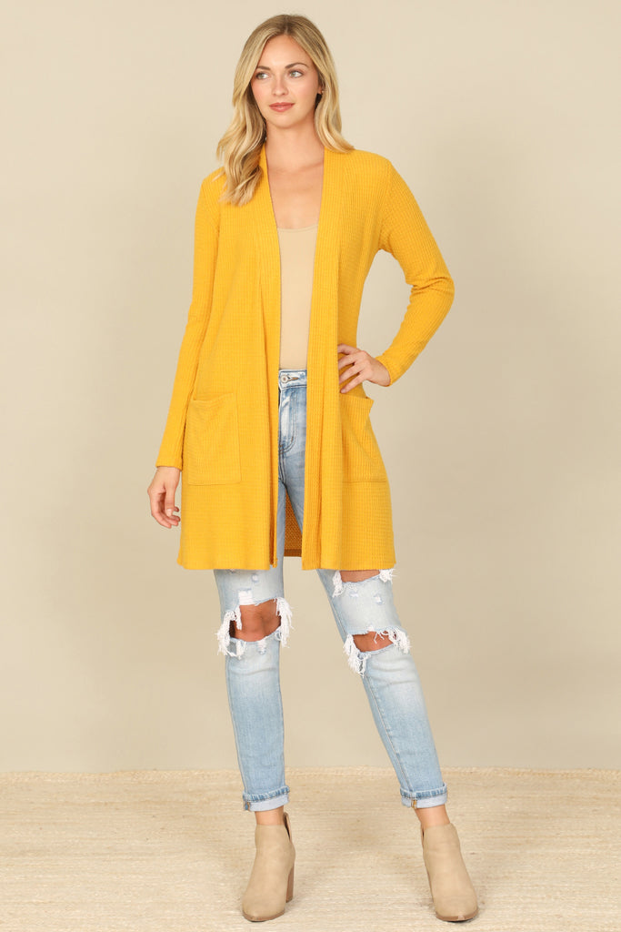 BRUSHED WAFFLE LONG SLEEVE SIDE POCKET OPEN FRONT CARDIGAN
