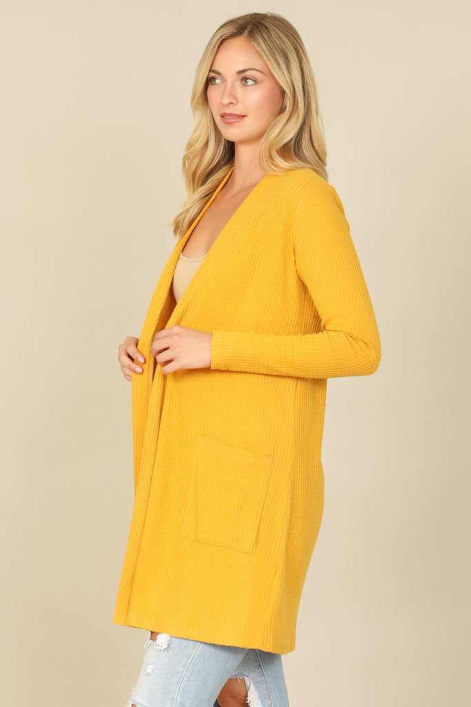BRUSHED WAFFLE LONG SLEEVE SIDE POCKET OPEN FRONT CARDIGAN