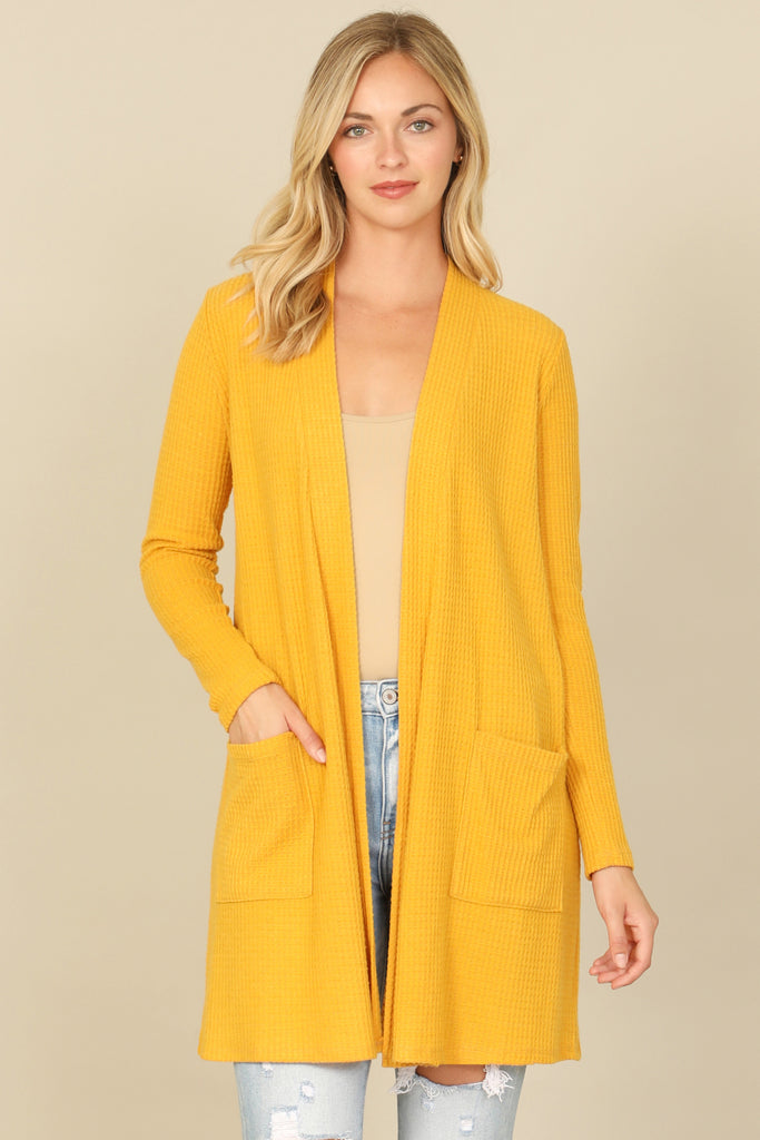 BRUSHED WAFFLE LONG SLEEVE SIDE POCKET OPEN FRONT CARDIGAN