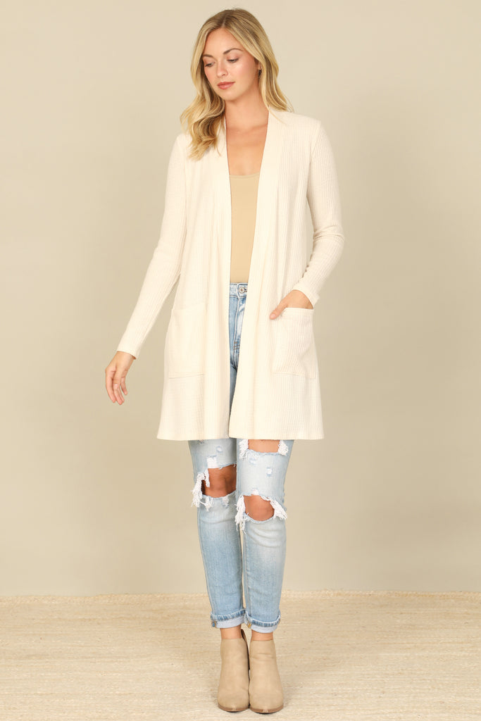 BRUSHED WAFFLE LONG SLEEVE SIDE POCKET OPEN FRONT CARDIGAN