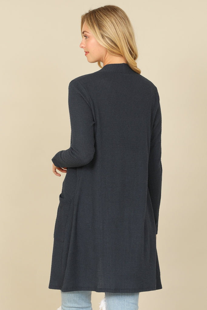 BRUSHED WAFFLE LONG SLEEVE SIDE POCKET OPEN FRONT CARDIGAN