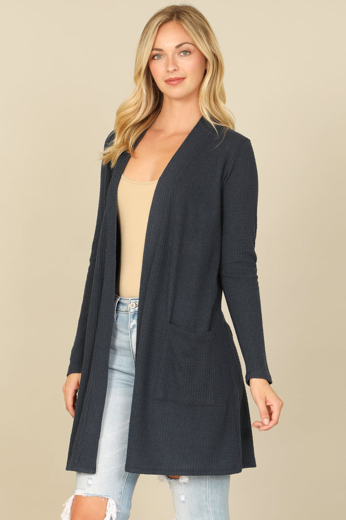BRUSHED WAFFLE LONG SLEEVE SIDE POCKET OPEN FRONT CARDIGAN