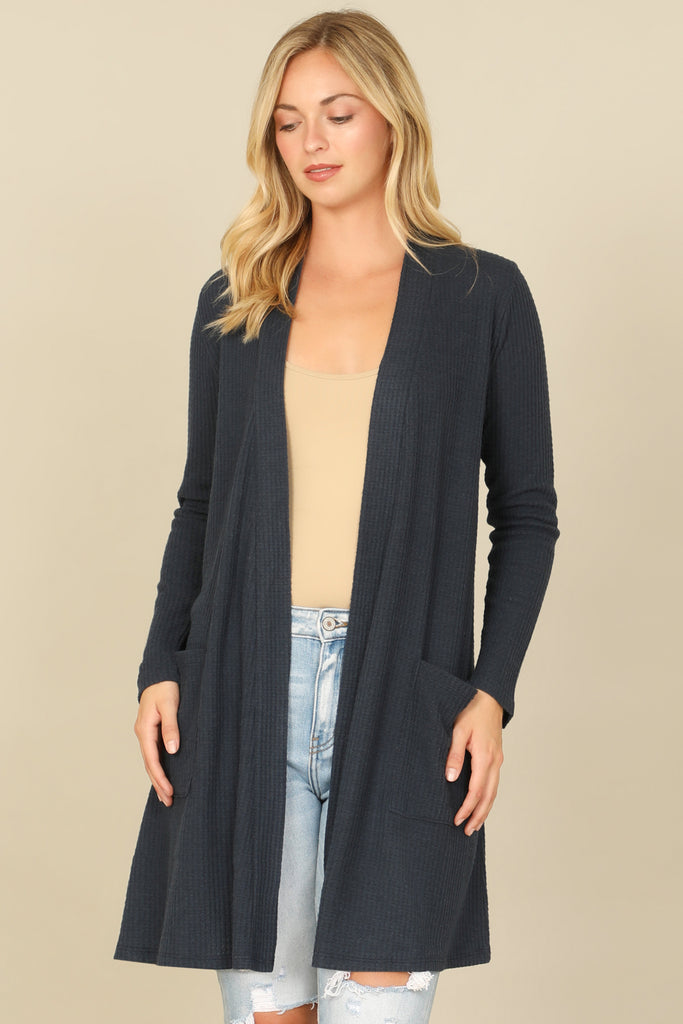 BRUSHED WAFFLE LONG SLEEVE SIDE POCKET OPEN FRONT CARDIGAN