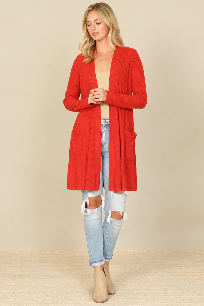 BRUSHED WAFFLE LONG SLEEVE SIDE POCKET OPEN FRONT CARDIGAN