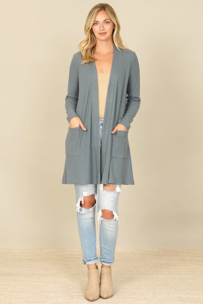 BRUSHED WAFFLE LONG SLEEVE SIDE POCKET OPEN FRONT CARDIGAN