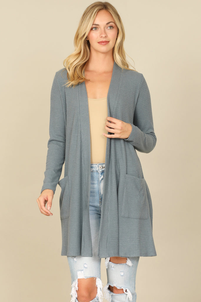 BRUSHED WAFFLE LONG SLEEVE SIDE POCKET OPEN FRONT CARDIGAN