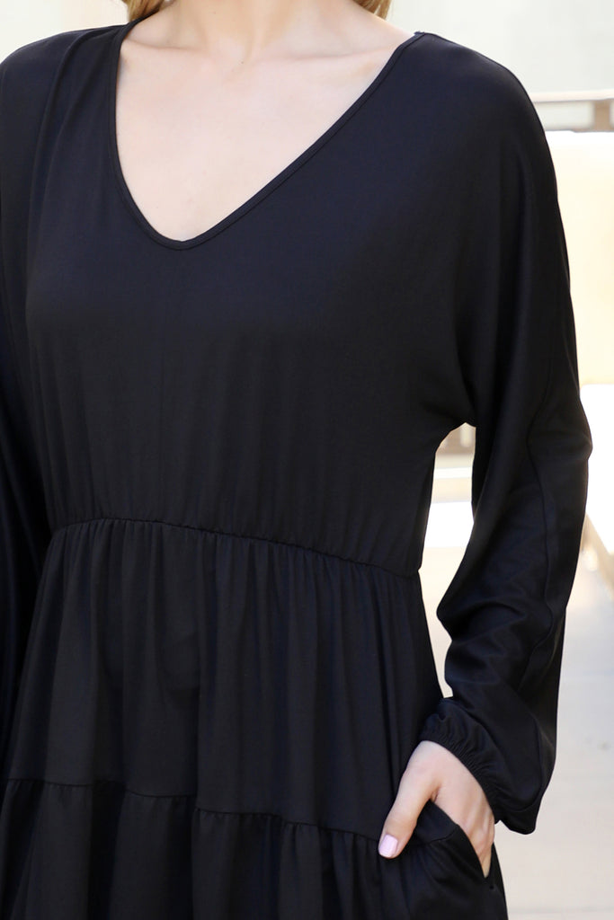 Solid Long Sleeve Tiered Ruffle Dress