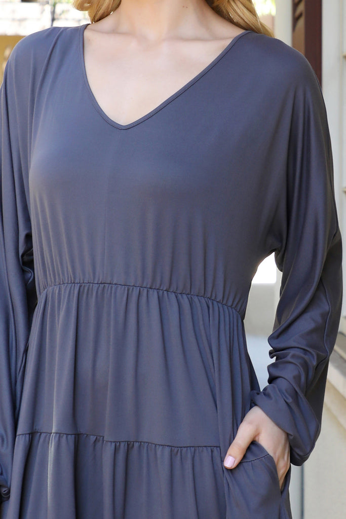 Solid Long Sleeve Tiered Ruffle Dress