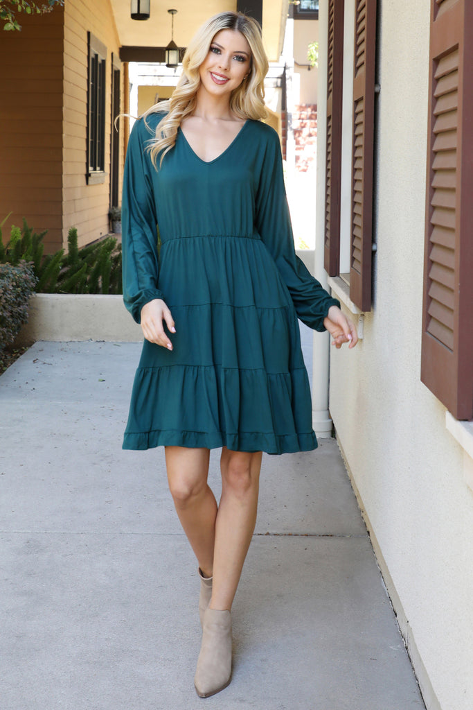 Solid Long Sleeve Tiered Ruffle Dress