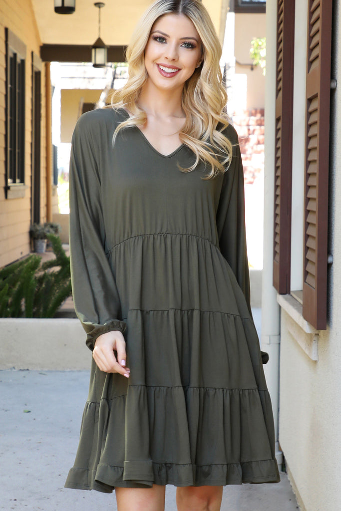 Solid Long Sleeve Tiered Ruffle Dress