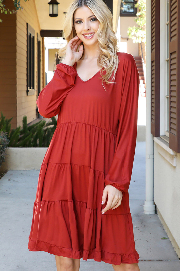 Solid Long Sleeve Tiered Ruffle Dress