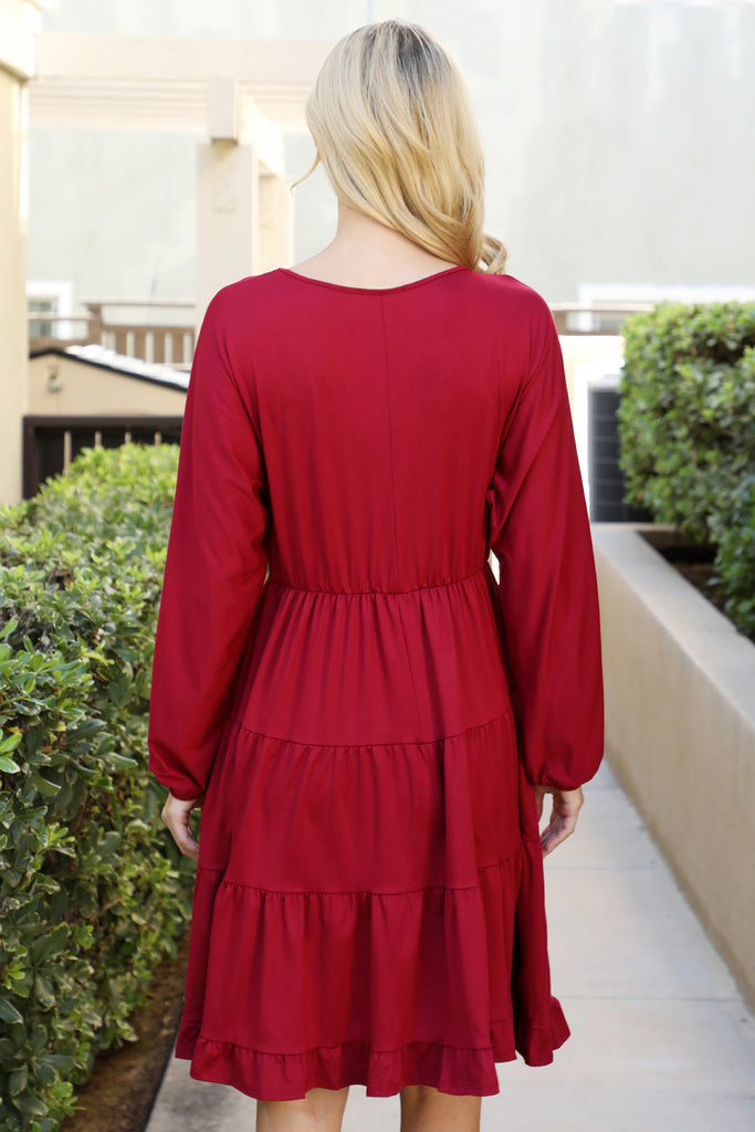 Solid Long Sleeve Tiered Ruffle Dress