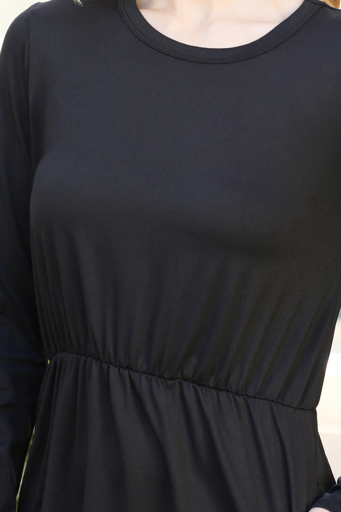 Solid Quarter Sleeve Elastic Waist Dress