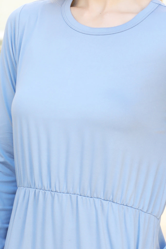 Solid Quarter Sleeve Elastic Waist Dress