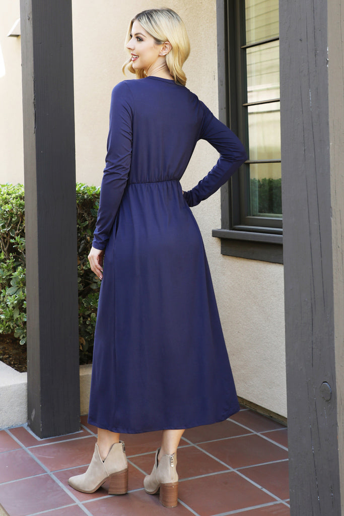 Solid Quarter Sleeve Elastic Waist Dress