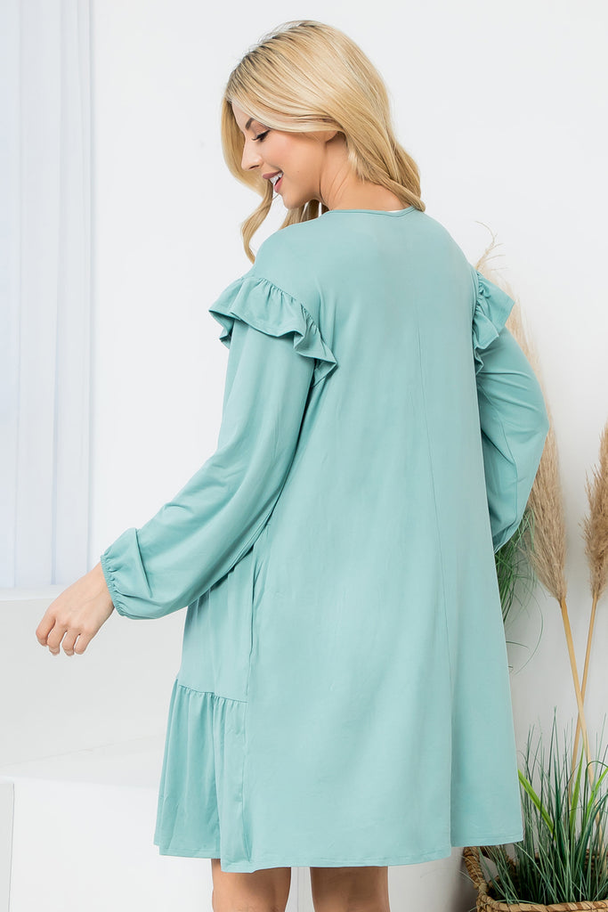 Long Sleeve Ruffle Detail Solid Dress