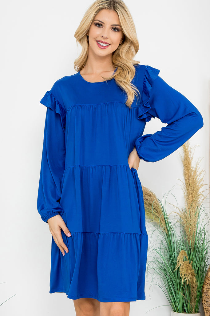 Long Sleeve Ruffle Detail Solid Dress