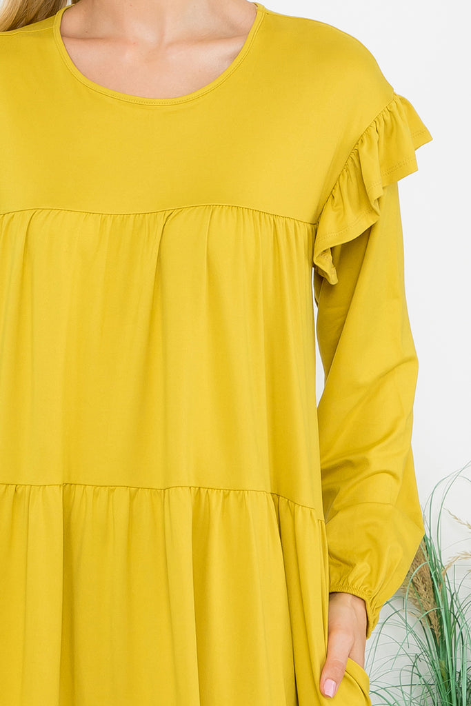Long Sleeve Ruffle Detail Solid Dress