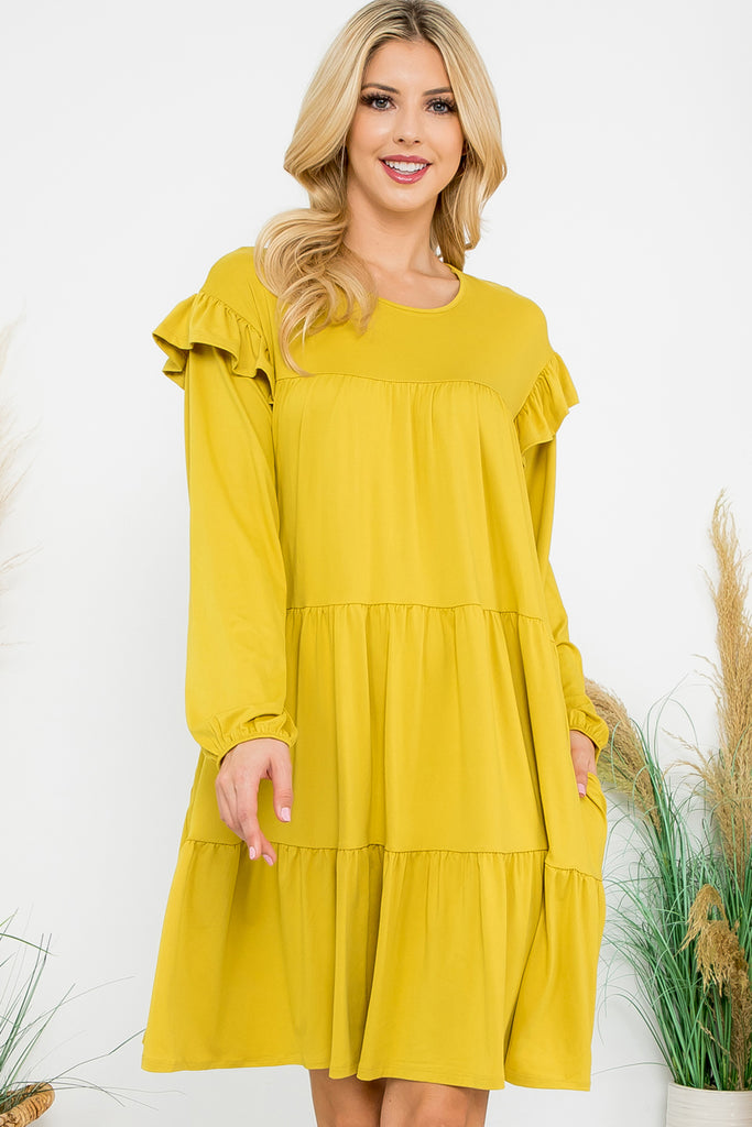Long Sleeve Ruffle Detail Solid Dress