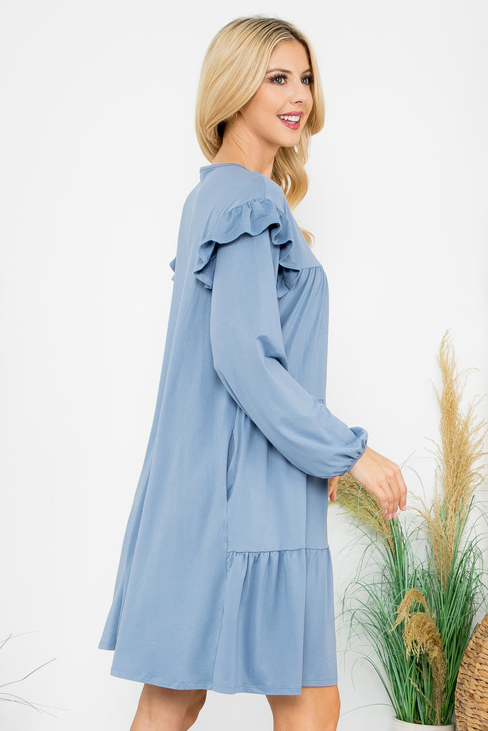 Long Sleeve Ruffle Detail Solid Dress