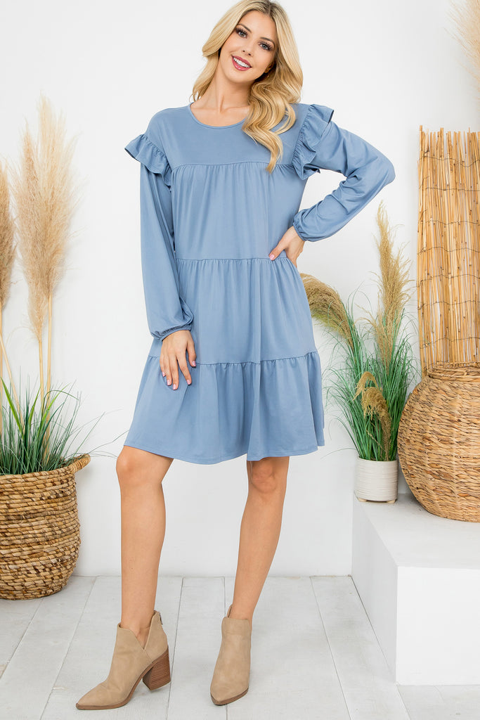 Long Sleeve Ruffle Detail Solid Dress