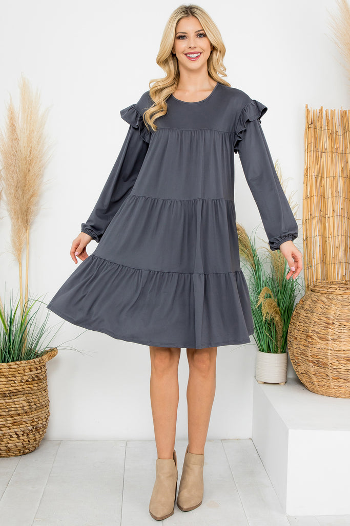 Long Sleeve Ruffle Detail Solid Dress