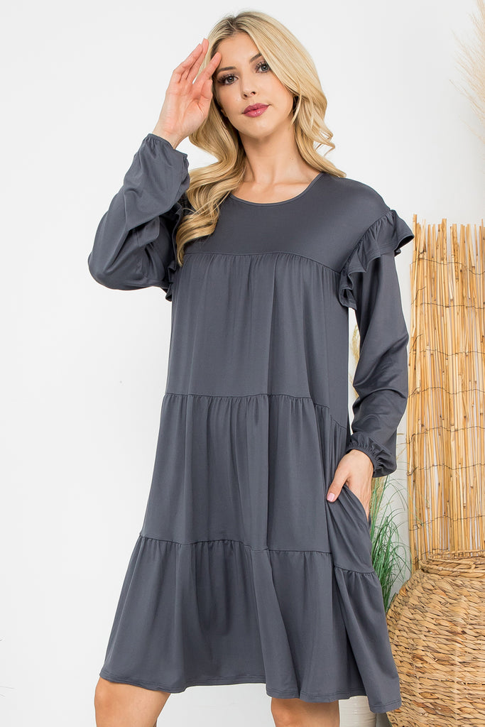 Long Sleeve Ruffle Detail Solid Dress