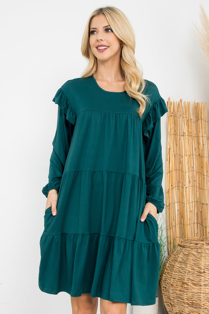 Long Sleeve Ruffle Detail Solid Dress