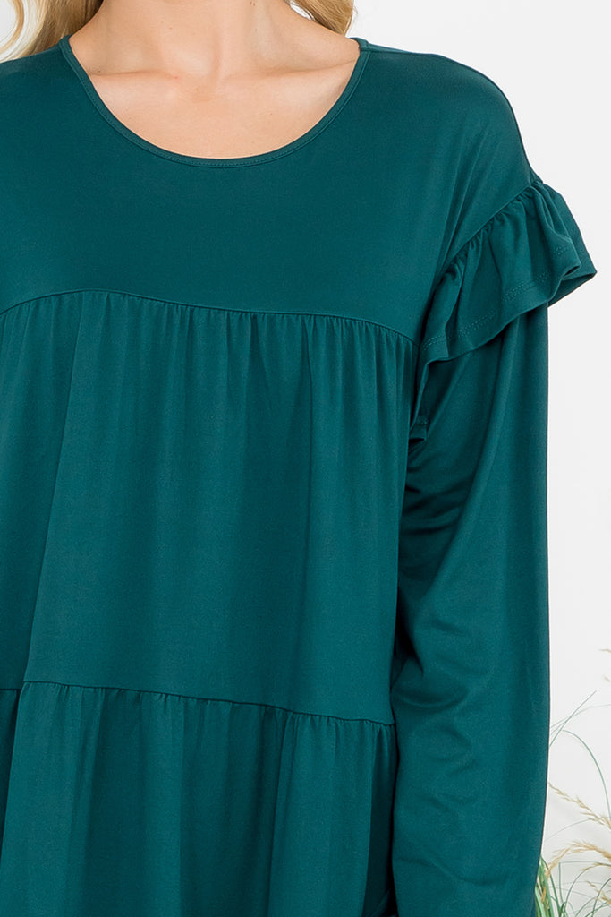 Long Sleeve Ruffle Detail Solid Dress
