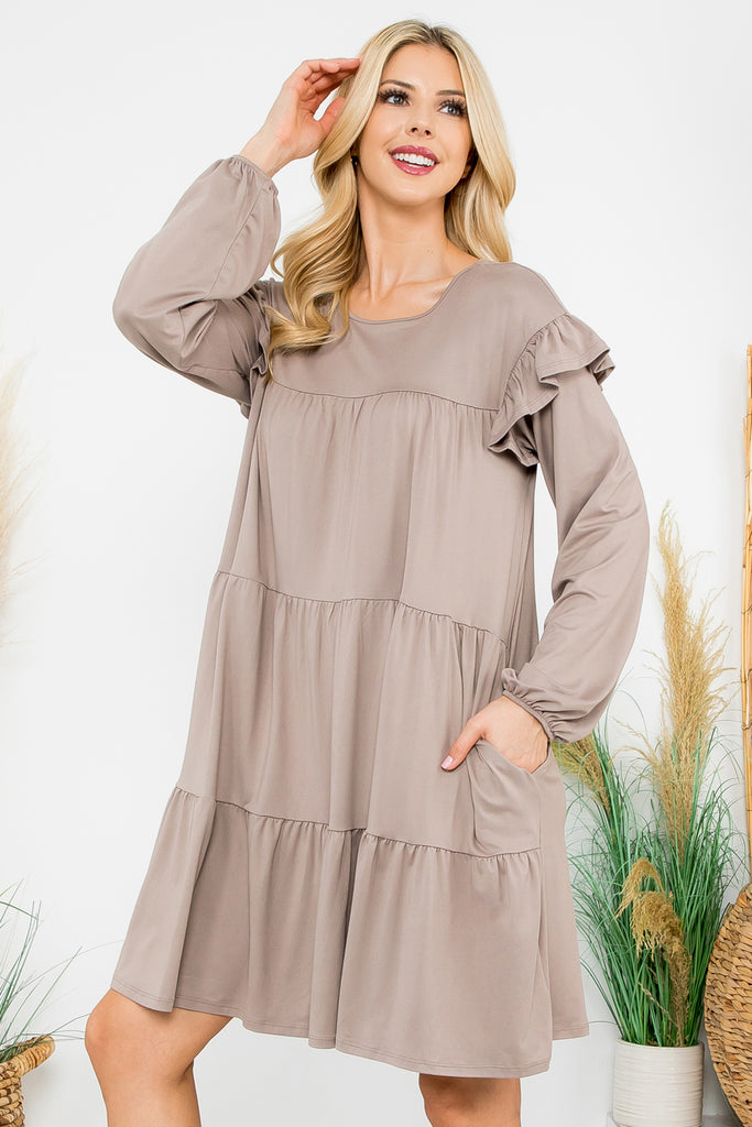 Long Sleeve Ruffle Detail Solid Dress