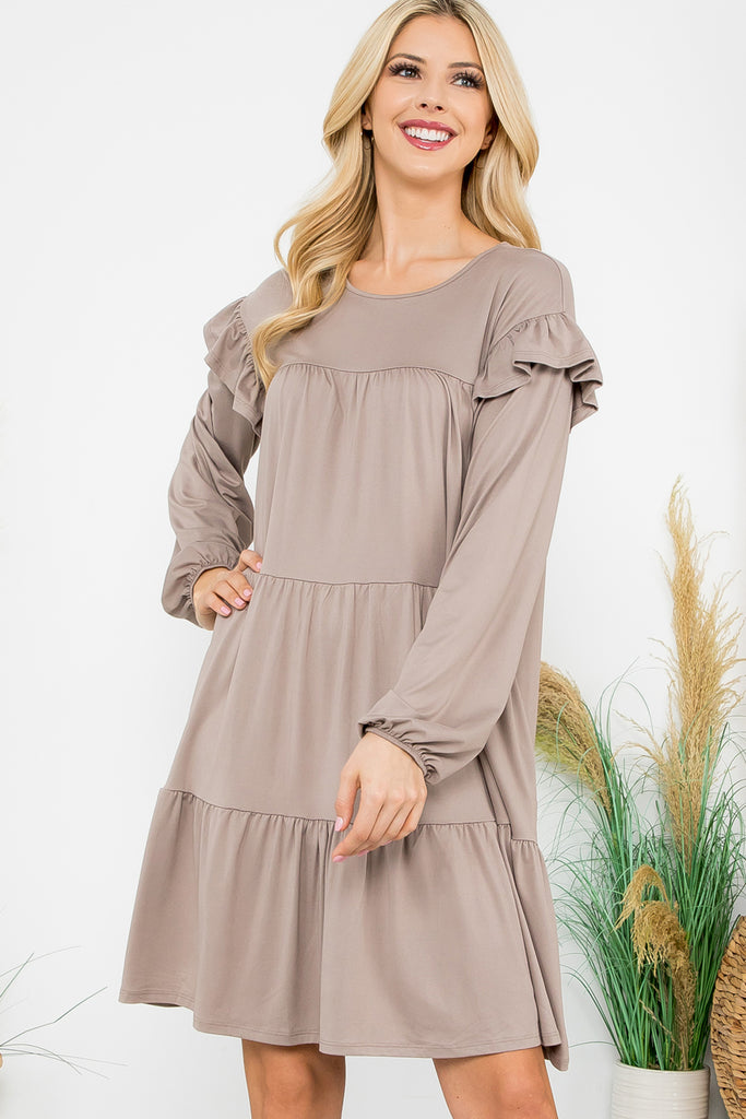 Long Sleeve Ruffle Detail Solid Dress