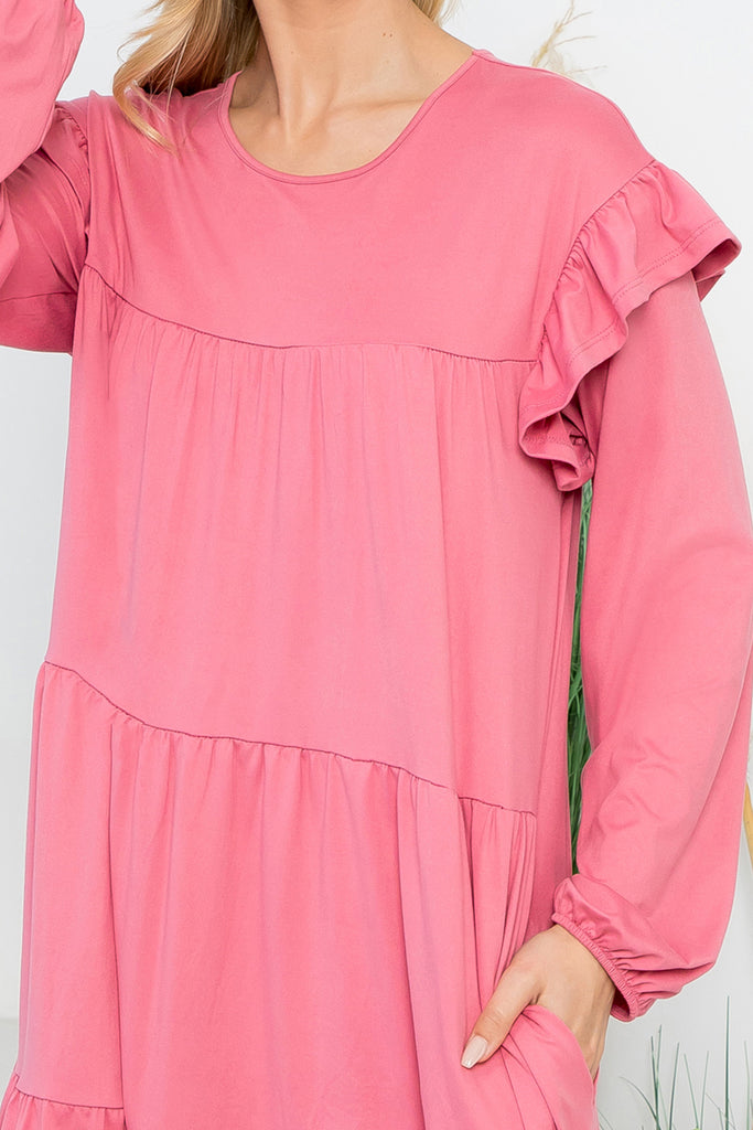 Long Sleeve Ruffle Detail Solid Dress