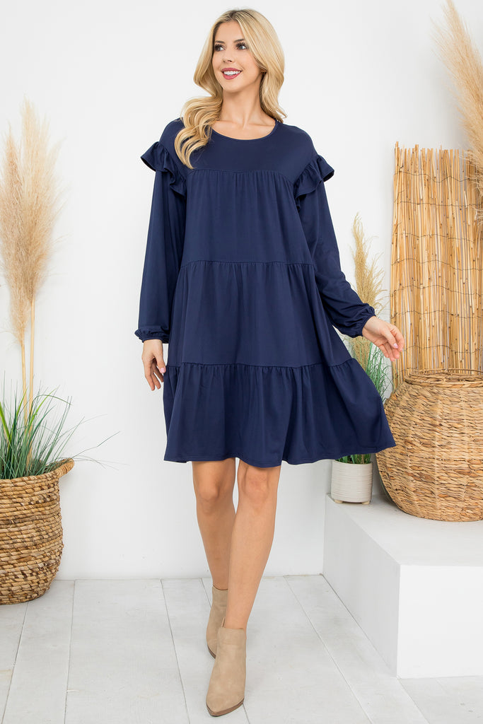 Long Sleeve Ruffle Detail Solid Dress