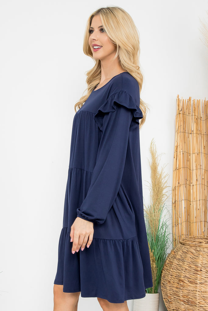 Long Sleeve Ruffle Detail Solid Dress
