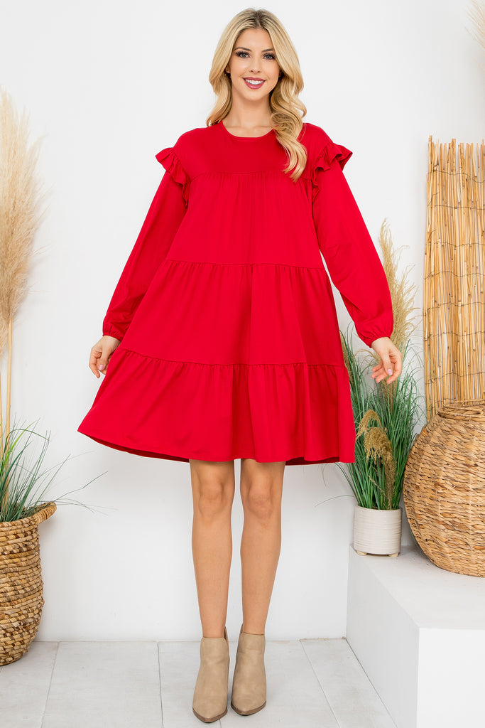 Long Sleeve Ruffle Detail Solid Dress