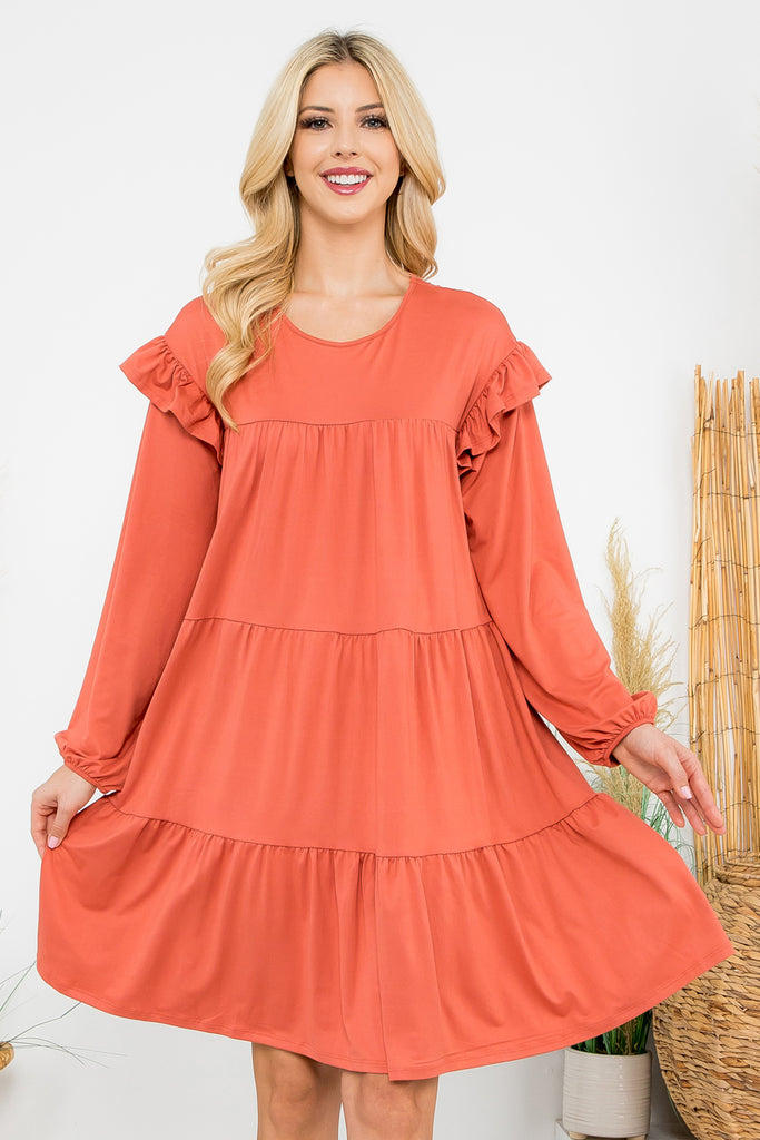 Long Sleeve Ruffle Detail Solid Dress