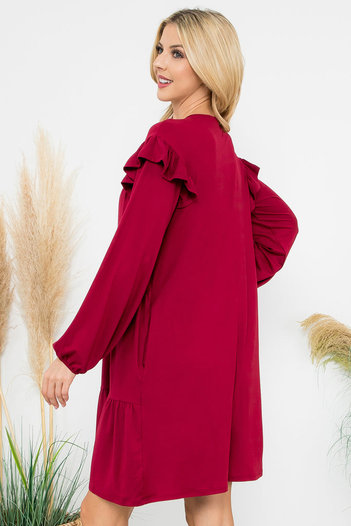 Long Sleeve Ruffle Detail Solid Dress