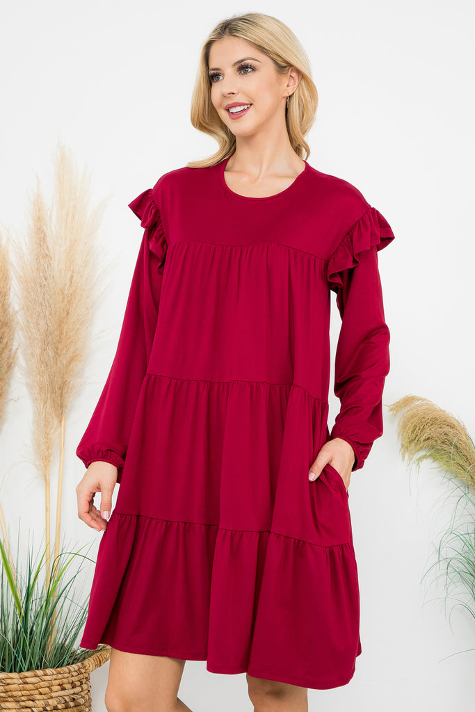Long Sleeve Ruffle Detail Solid Dress