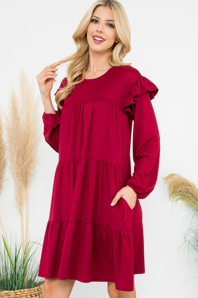 Long Sleeve Ruffle Detail Solid Dress