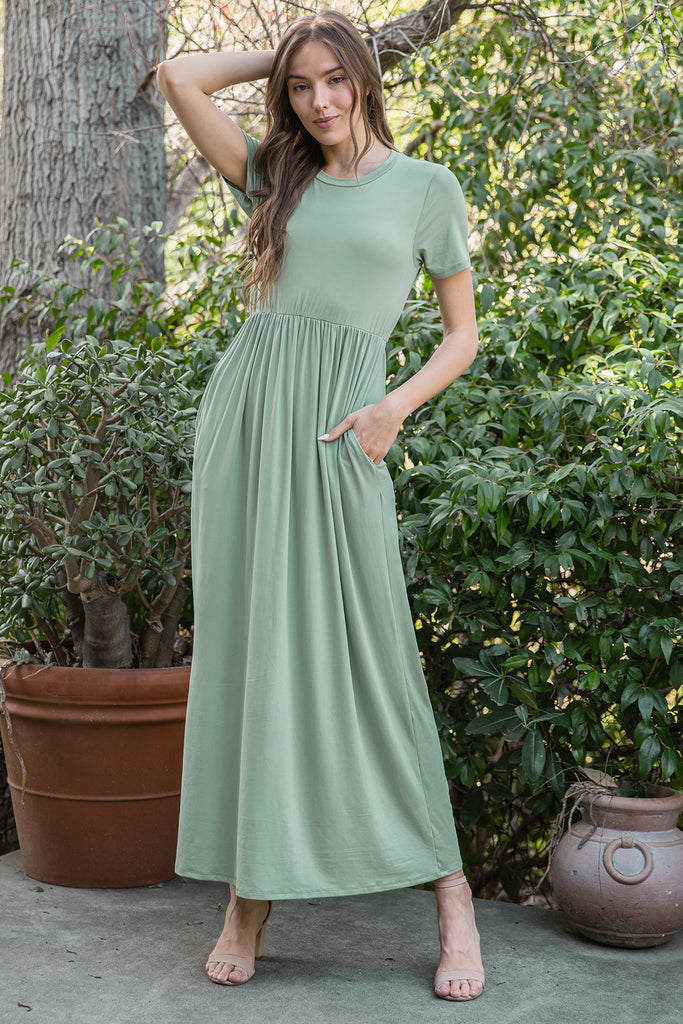 SHORT SLEEVE CINCH WAIST SOLID MAXI DRESS