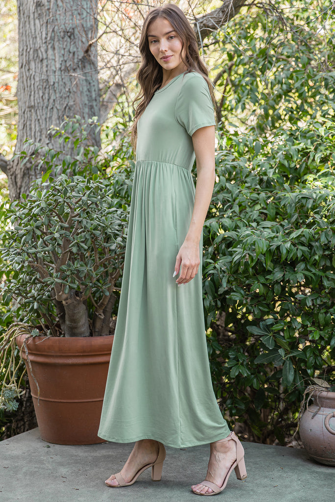 SHORT SLEEVE CINCH WAIST SOLID MAXI DRESS