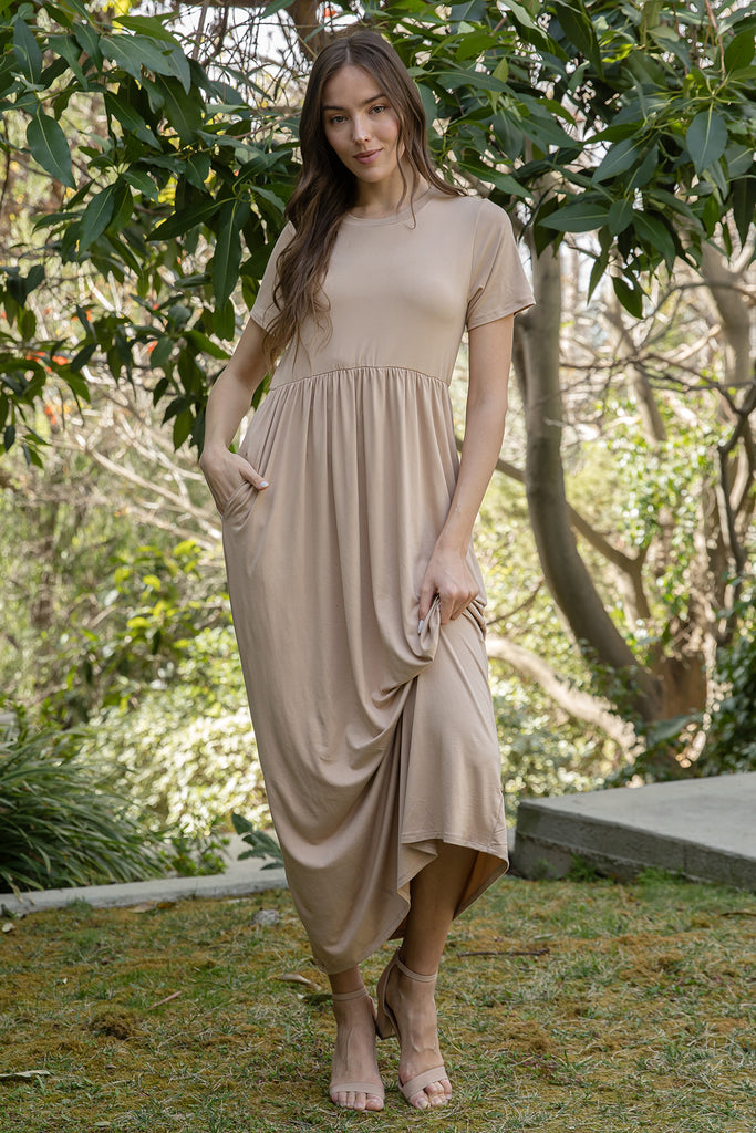 SHORT SLEEVE CINCH WAIST SOLID MAXI DRESS