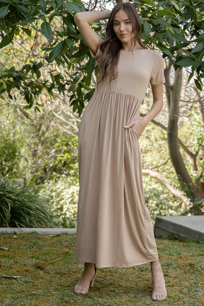 SHORT SLEEVE CINCH WAIST SOLID MAXI DRESS