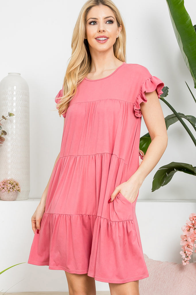 Wide Sleeve Elbow Shirring Detail Solid Dress