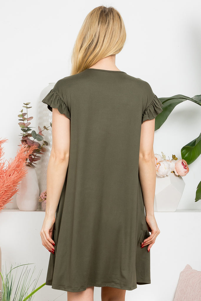 Wide Sleeve Elbow Shirring Detail Solid Dress