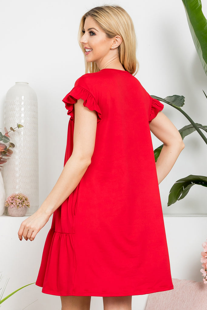 Wide Sleeve Elbow Shirring Detail Solid Dress