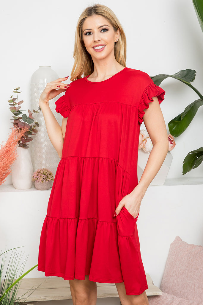 Wide Sleeve Elbow Shirring Detail Solid Dress