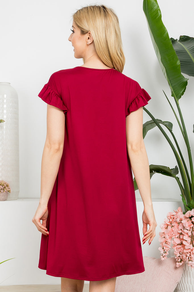 Wide Sleeve Elbow Shirring Detail Solid Dress