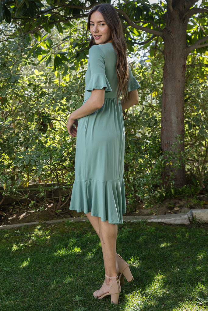 FLOUNCE HALF SLEEVE CINCH WAIST RUFFLE HEM SOLID DRESS